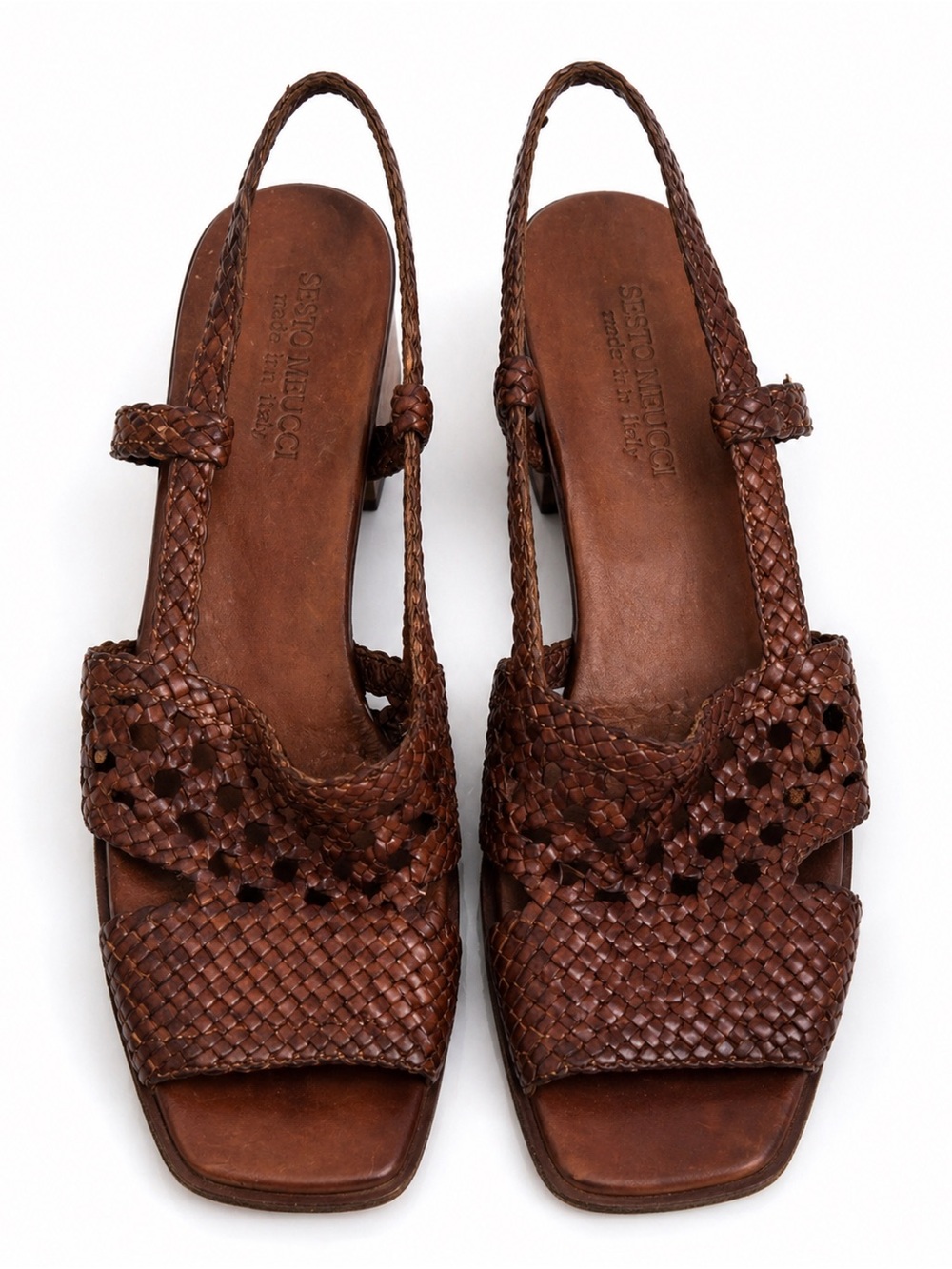 Sesto Meucci Brown Woven Leather Slingback Sandals Square Toe Italy 9.5
